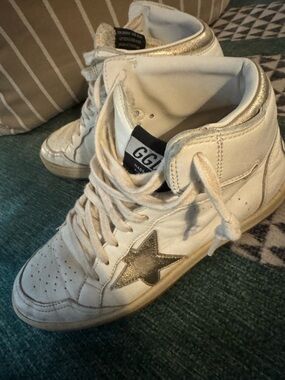 Golden Goose Sky-Star White/Cream High-Top Sneakers with Gold Star and Accents